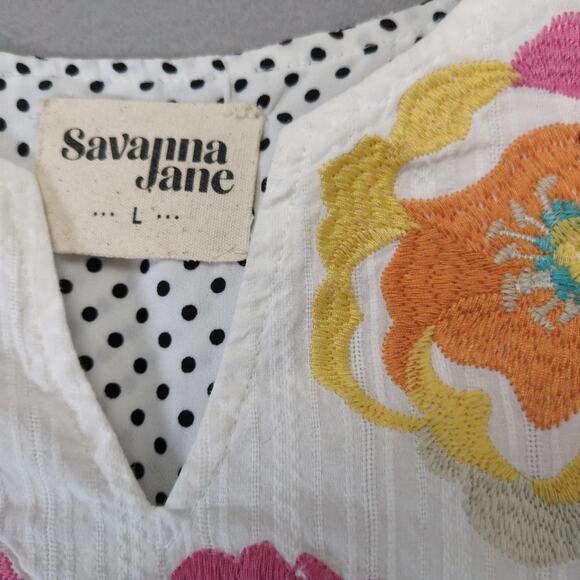 Savanna Jane Floral Embroidered Blouse Women's L B&W Polka Dot Babydoll Top Boho - Picture 3 of 10